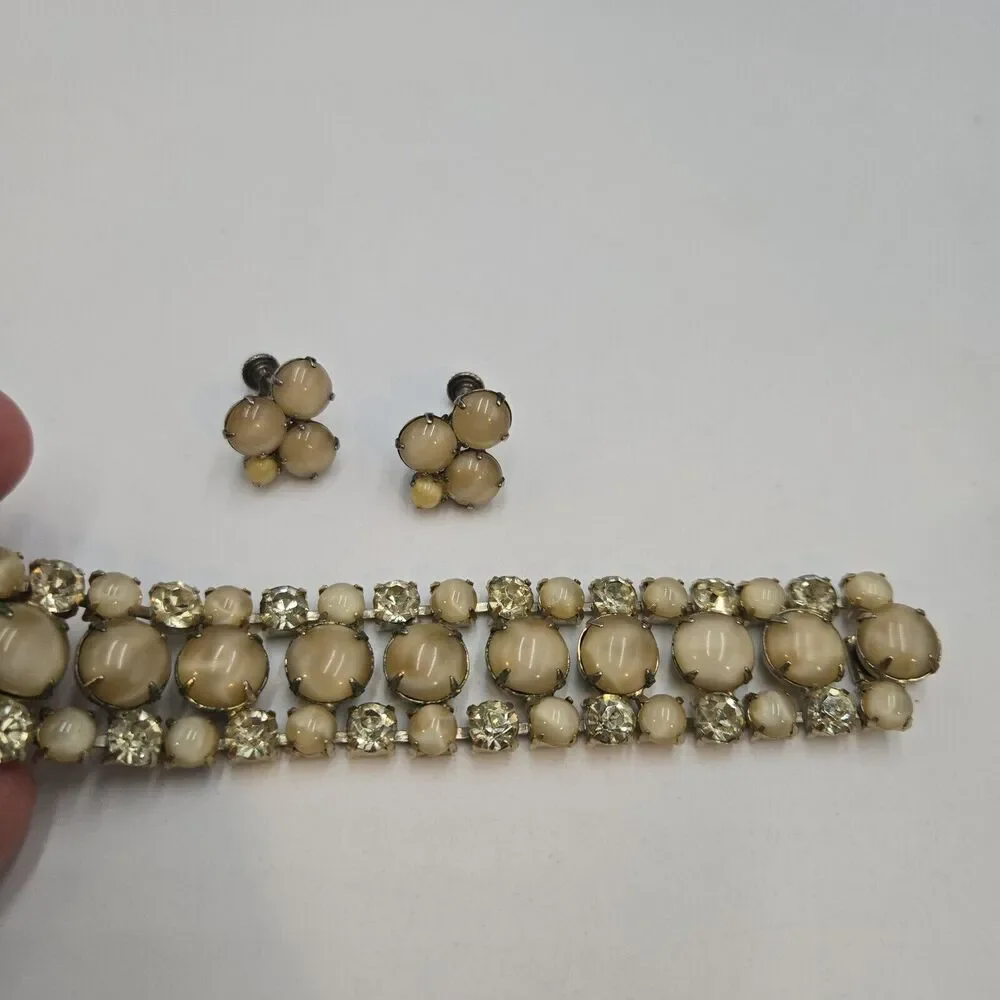 Vintage Moonglow Glass Bracelet And Screwback Earrings Champagne Color 1950s